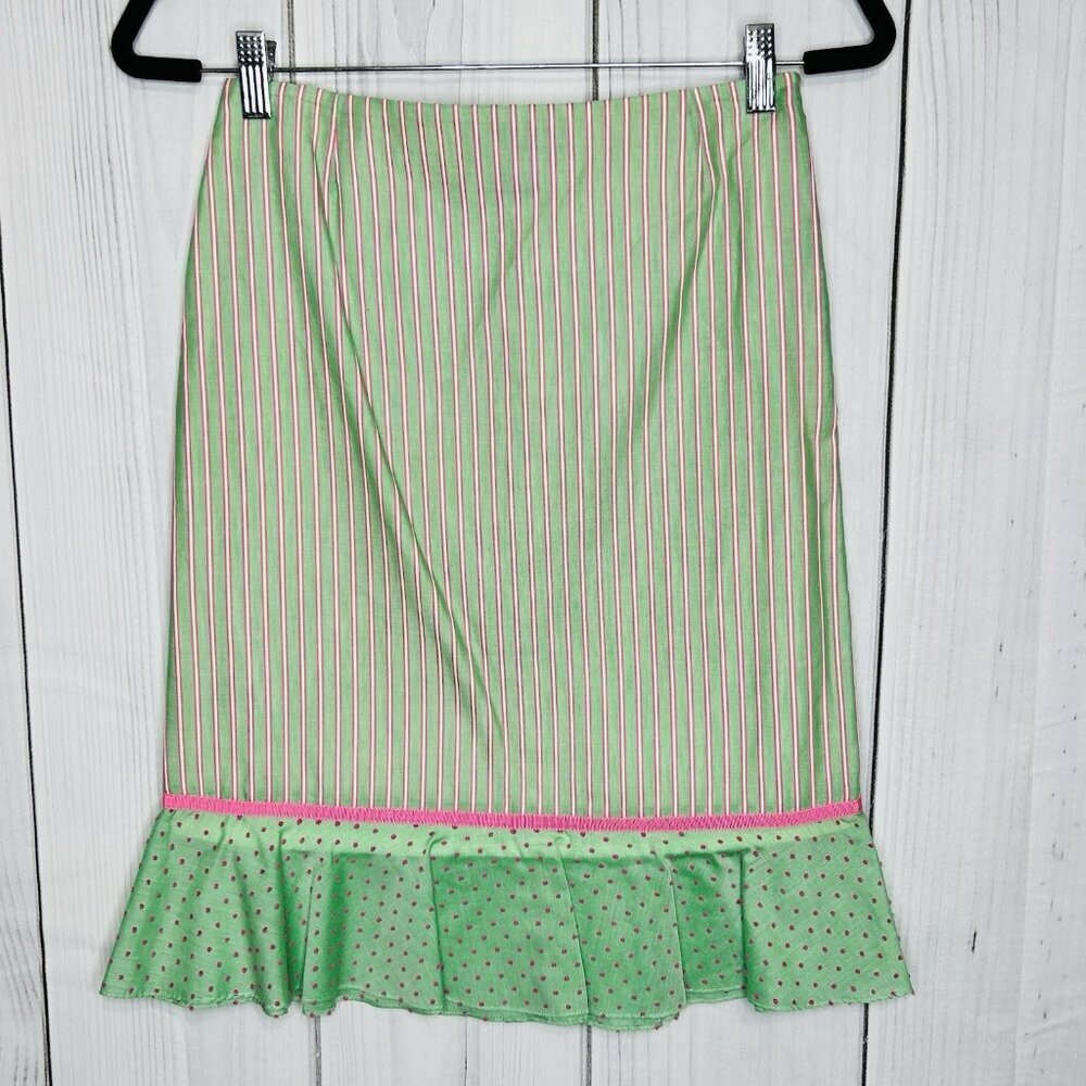 Tibi Pencil Skirt Ruffle Hem Pink Green Cotton Size 6 Side Zip Lined